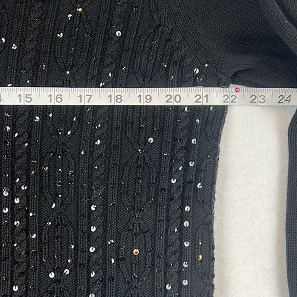 Quacker Factory Sweater Black Sequins Cable Knit V-Neck Festive Fall Winter L - Picture 4 of 8